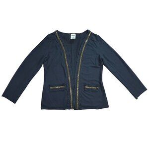 Vintage Black Gold Chain Trim Cardigan Jacket Open Front Size L Chic.